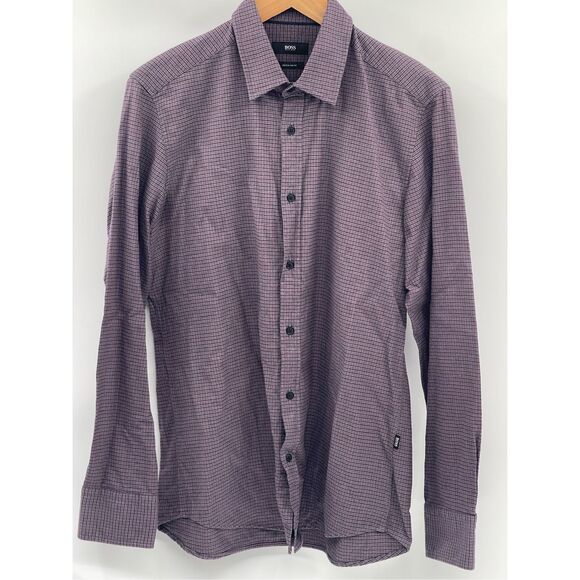 Hugo Boss Button Up Flannel Shirt Men Size Medium‎ Purple Gray Plaid Check - Picture 2 of 10